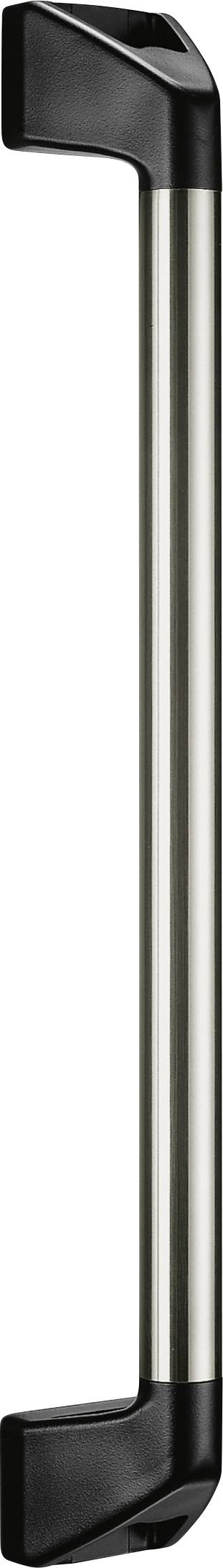 Une poignée de porte simple en métal avec des embouts noirs, alignée verticalement.