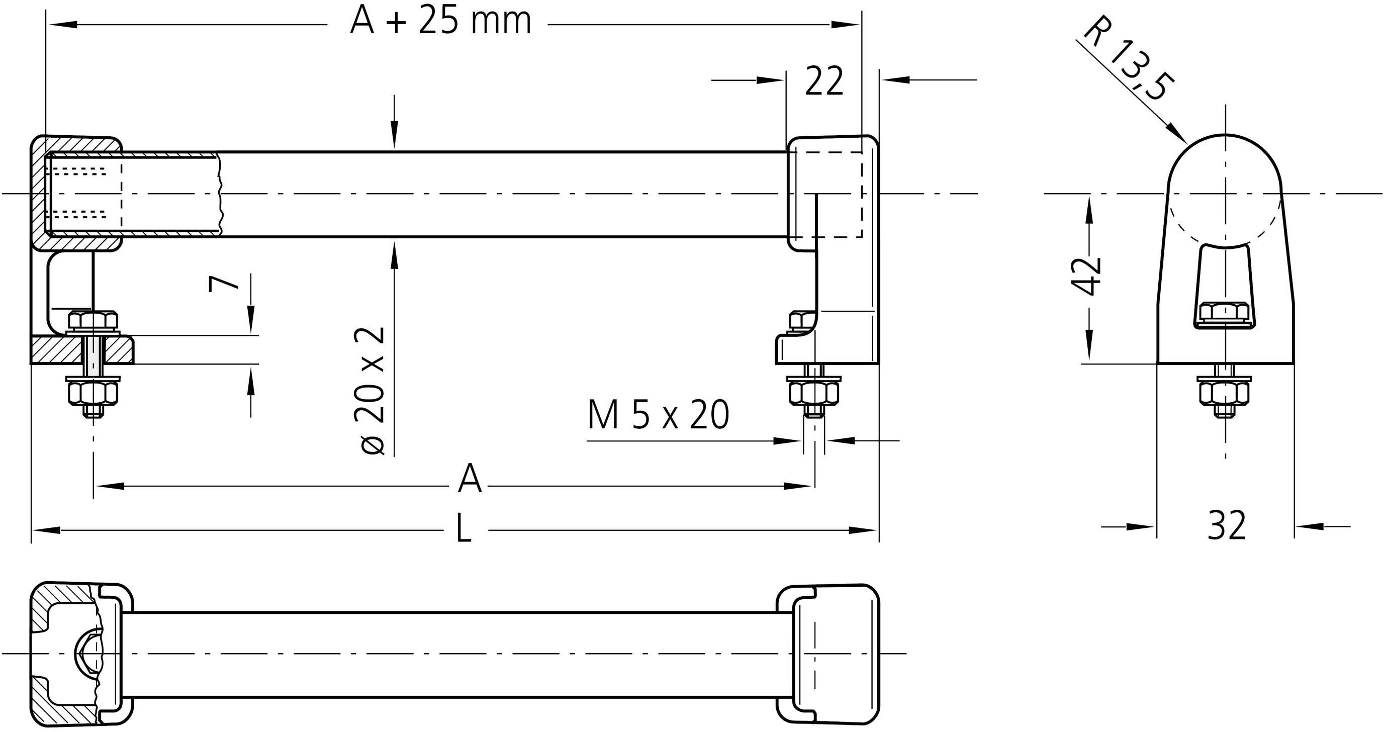Dessin technique d'une poignée, indiquant les dimensions : A + 25 mm, ø20 x 2, M5 x 20. Vue latérale et frontale avec un rayon d'arc R13,5.