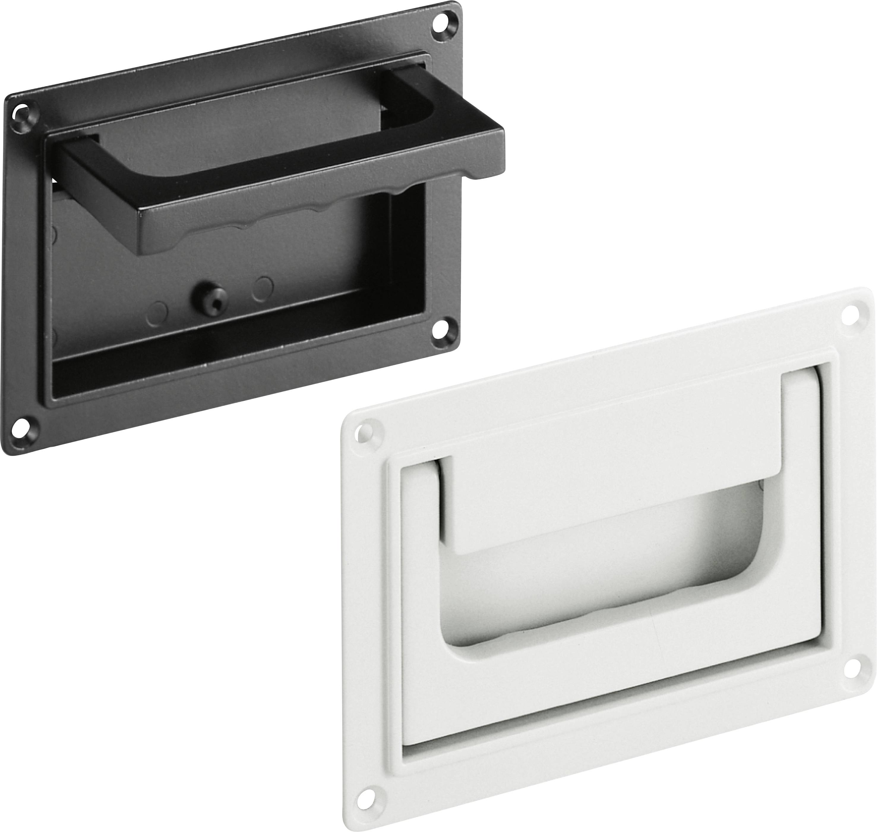 Deux poignées encastrées, l'une noire, l'autre blanche, pour le montage dans des armoires ou des tiroirs. Forme rectangulaire avec des trous de vis.