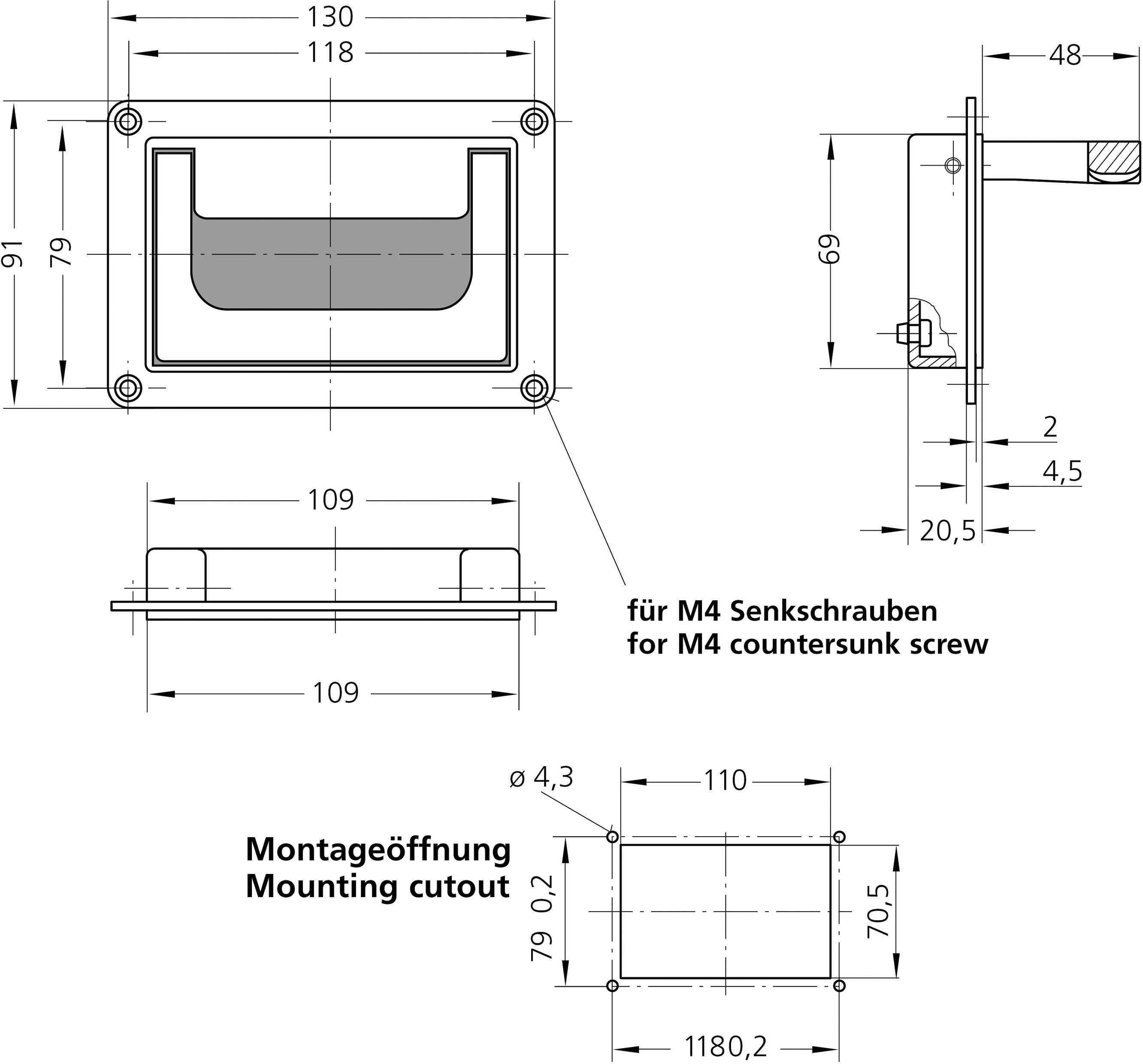 Dessin technique : Poignée de porte avec dimensions en millimètres. Comprend une vue latérale, une vue de face et un emplacement de montage. Informations en allemand et en anglais.