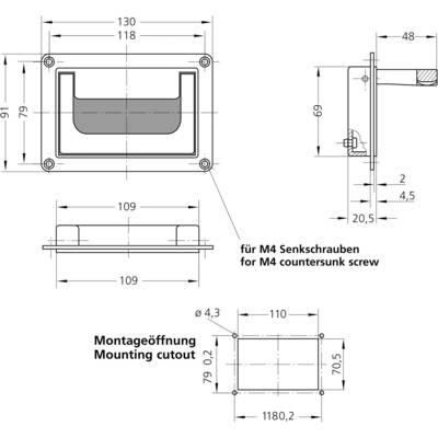 Dessin technique : Poignée de porte avec dimensions en millimètres. Comprend une vue latérale, une vue de face et un emplacement de montage. Informations en allemand et en anglais.