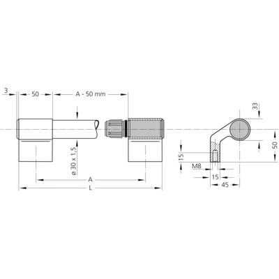 'Dessin technique d'un tube avec raccord. Dimensions : longueur 50 mm, diamètre 30 mm, perçage M8. Vue en coupe montrant les composants.'