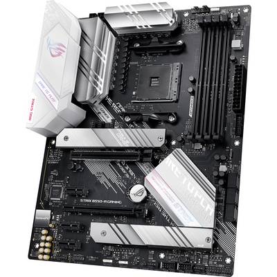 Une carte mère portant l'inscription 'Strix B550-F Gaming', avec plusieurs emplacements pour la RAM et les cartes d'extension, présentant un design distinctif.