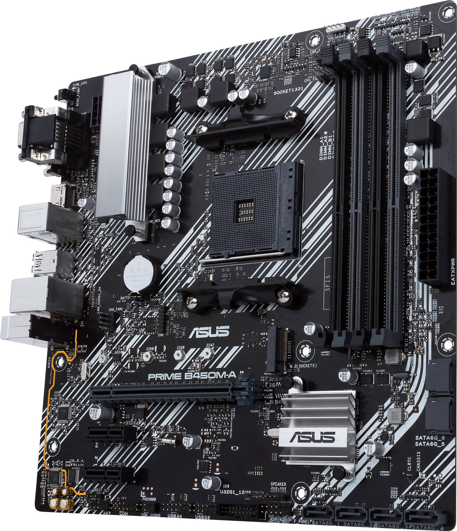 Carte mère ASUS PRIME B450M-A avec plusieurs options de connexion et un design moderne pour des applications informatiques performantes.