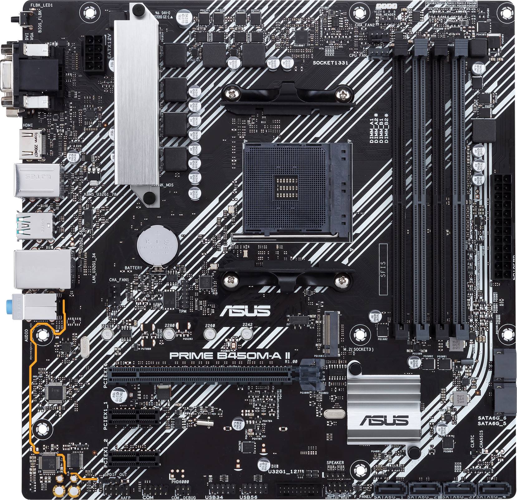 Une carte mère noire avec plusieurs emplacements et connecteurs. Au centre se trouve le socket du processeur (CPU), entouré d'emplacements pour modules RAM et de différents connecteurs.
