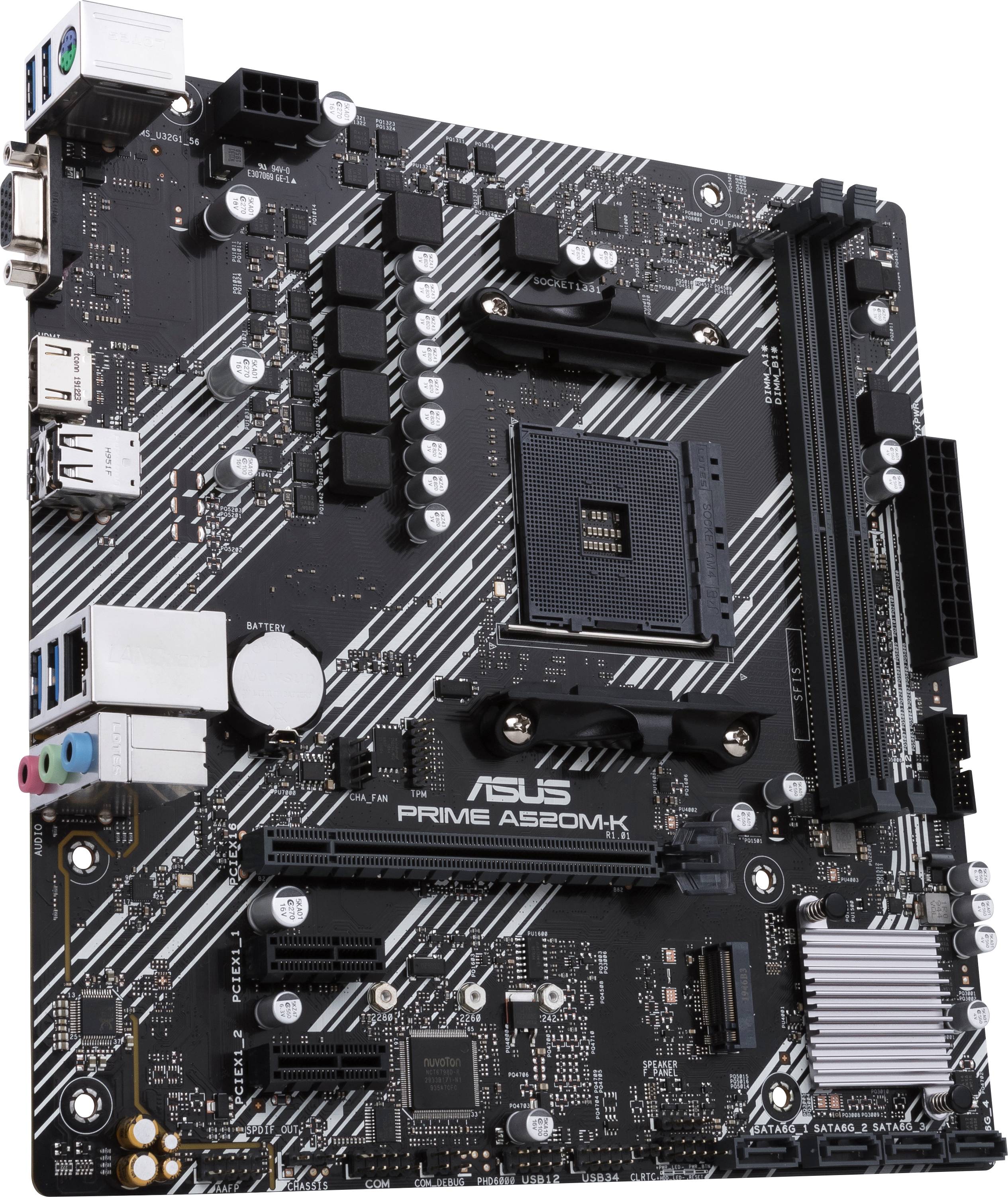 Carte mère avec plusieurs emplacements de connexion, comprenant des ports USB et Ethernet, ainsi qu'un socket processeur et des emplacements pour mémoire RAM permettant l'intégration de composants matériels.