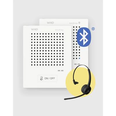 Deux appareils blancs avec des grilles de haut-parleurs et des interrupteurs 'ON/OFF', un symbole Bluetooth à côté. Un casque noir au premier plan.