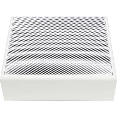 Un haut-parleur blanc rectangulaire doté d'une grille métallique sur le dessus, conçue pour améliorer l'acoustique.