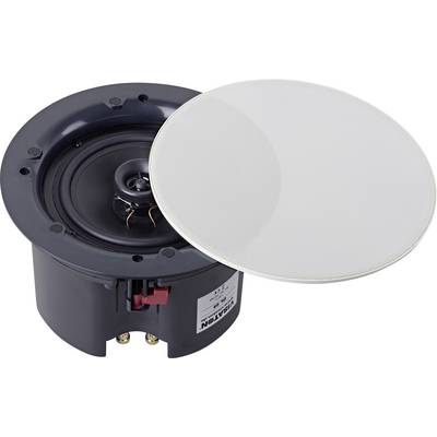 Un haut-parleur de plafond rond avec son cache retiré, montrant le cône du haut-parleur et les connexions de câbles.