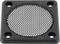 Un grille de protection pour haut-parleur noir, carré, avec des trous ronds et quatre trous de fixation dans les coins.