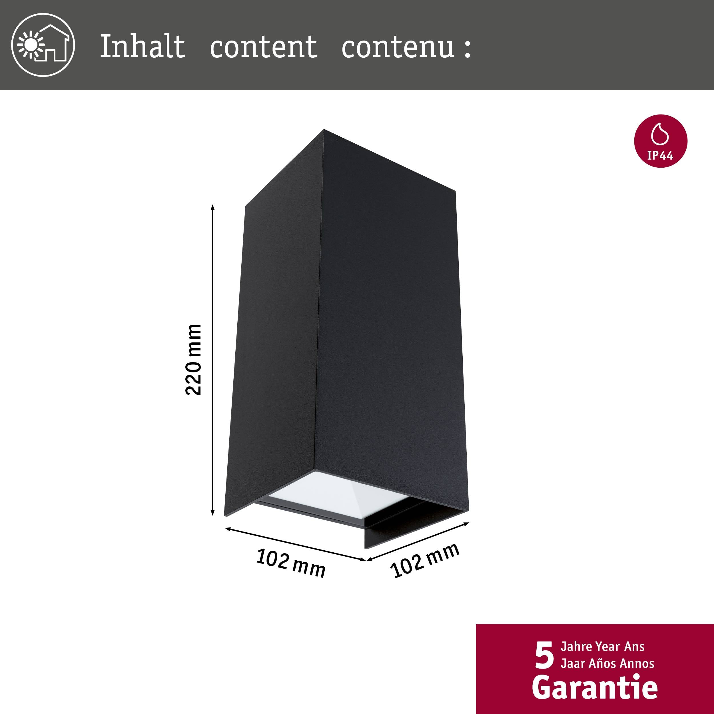 'Applique murale extérieure en noir, dimensions : hauteur 220 mm, largeur 102 mm. Indice de protection IP44. 5 ans de garantie.'