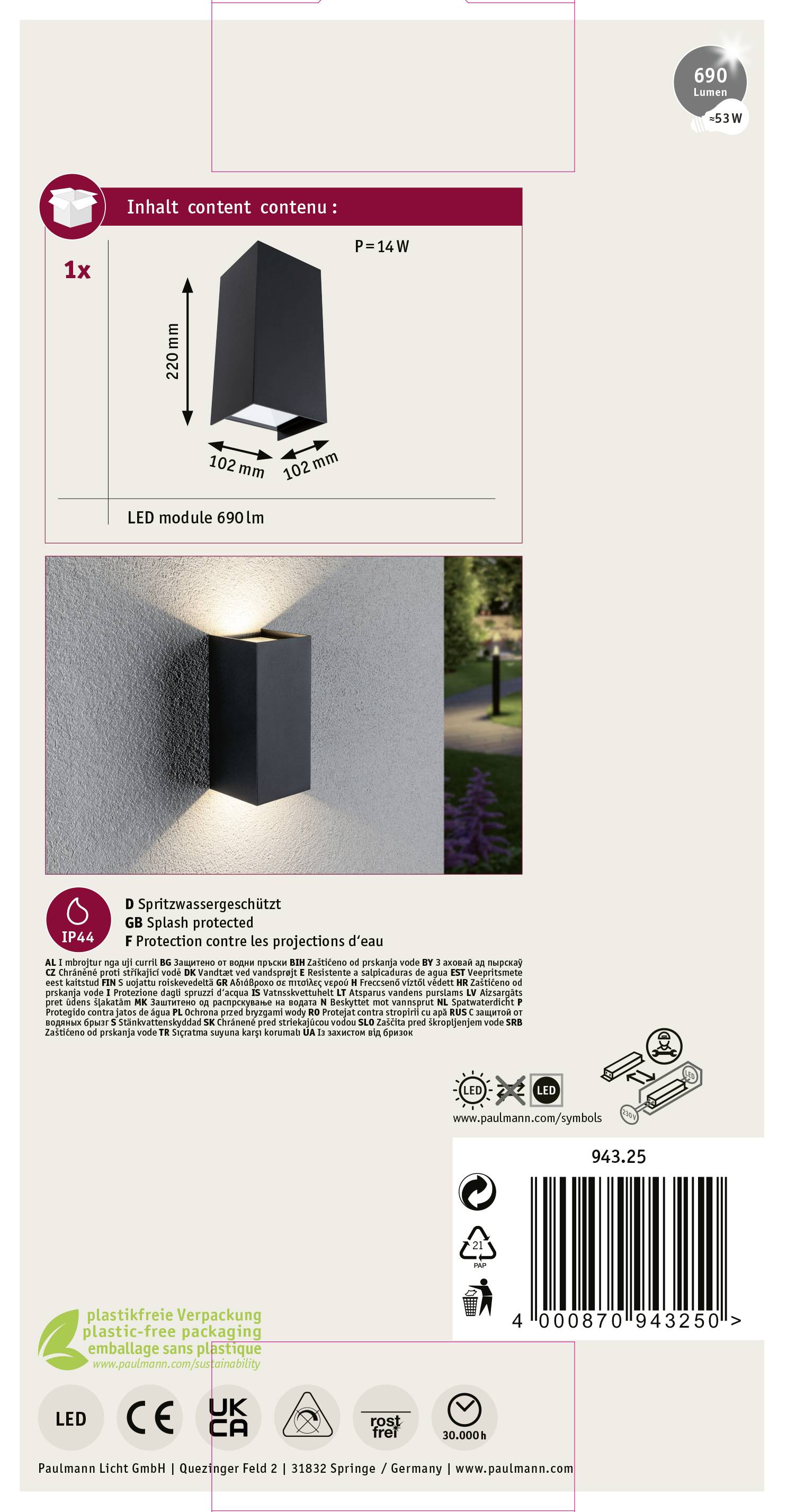 'Applique murale extérieure, LED, 14W, 690lm, IP44, protection contre les éclaboussures. Contenu : 1x luminaire, vis. Dimensions : 10x10x10 cm.'