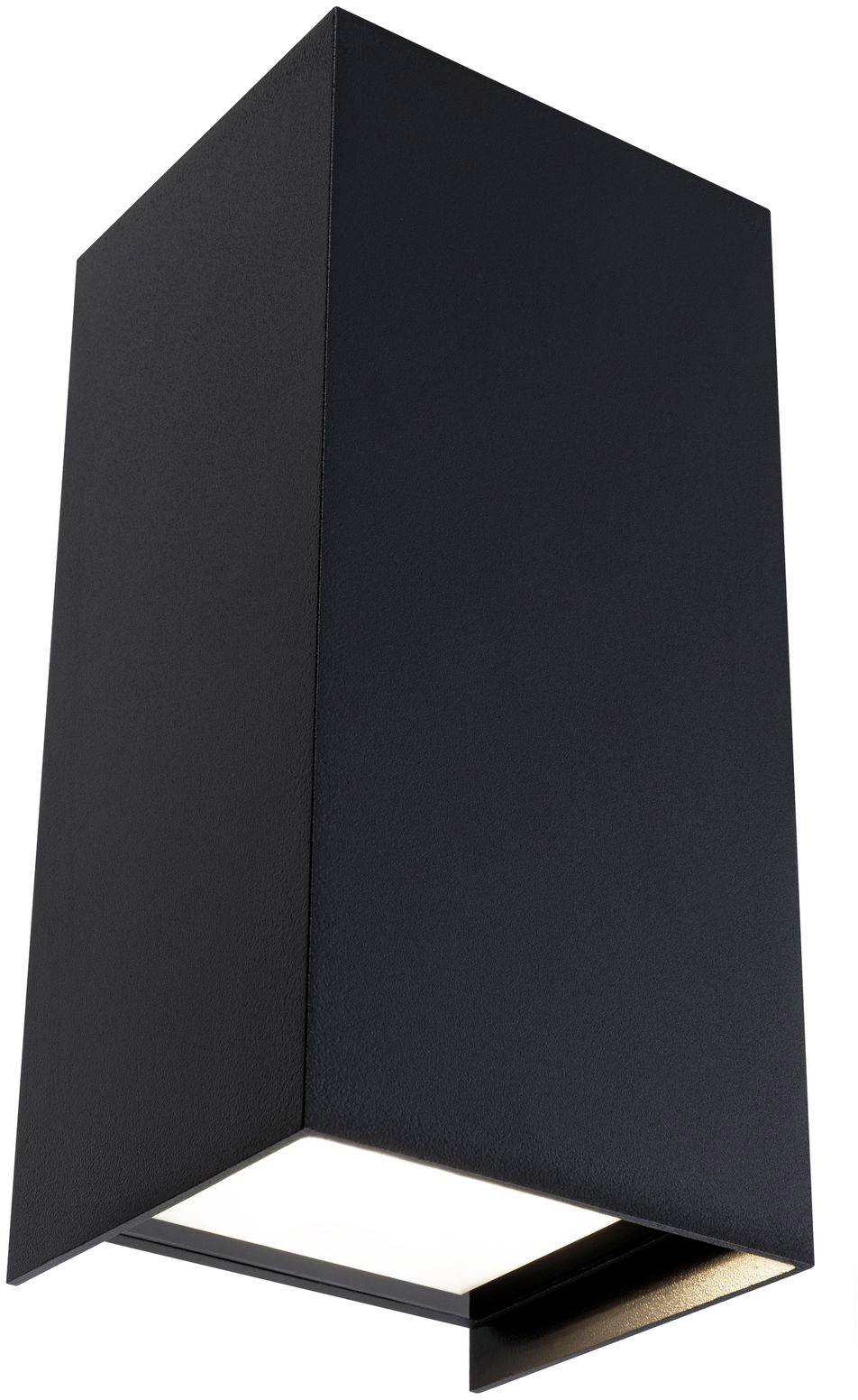 Applique murale extérieure moderne noire au design rectangulaire. L'éclairage est diffusé par une mince fente située en partie inférieure.