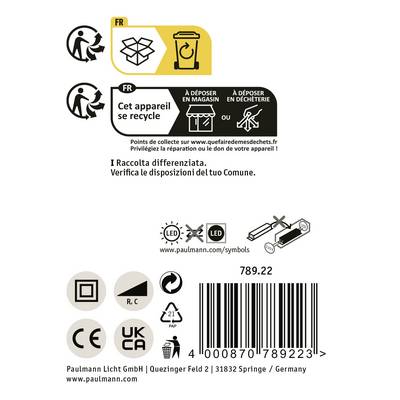 Cet appareil se recycle et symboles indiquant des instructions de recyclage et la compatibilité LED. Informations du fabricant ci-dessous.