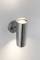 Applique murale moderne en acier inoxydable de forme cylindrique, fixée à un mur gris. L'éclairage diffuse vers le haut et vers le bas.