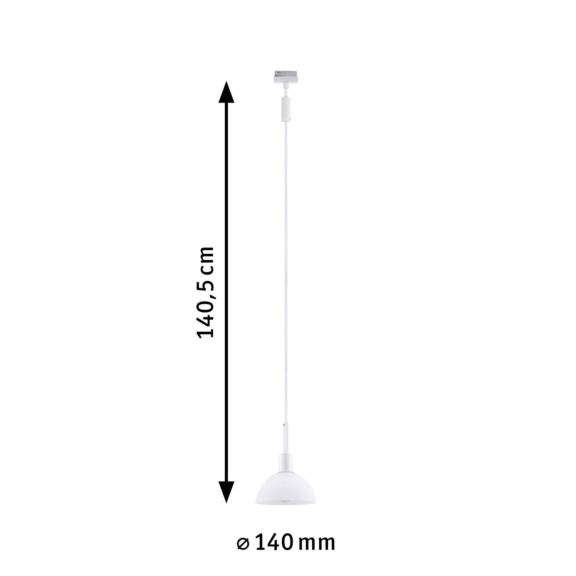 Suspension blanche, longueur 140,5 cm, diamètre 140 mm, design minimaliste.
