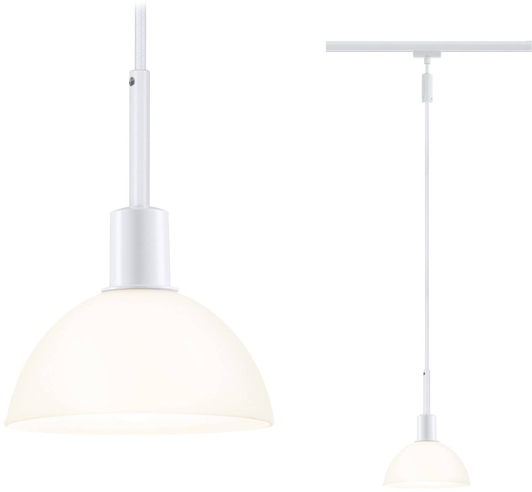 Suspension blanche avec abat-jour bombé en verre, suspendue à un long câble. Idéale pour un intérieur moderne.