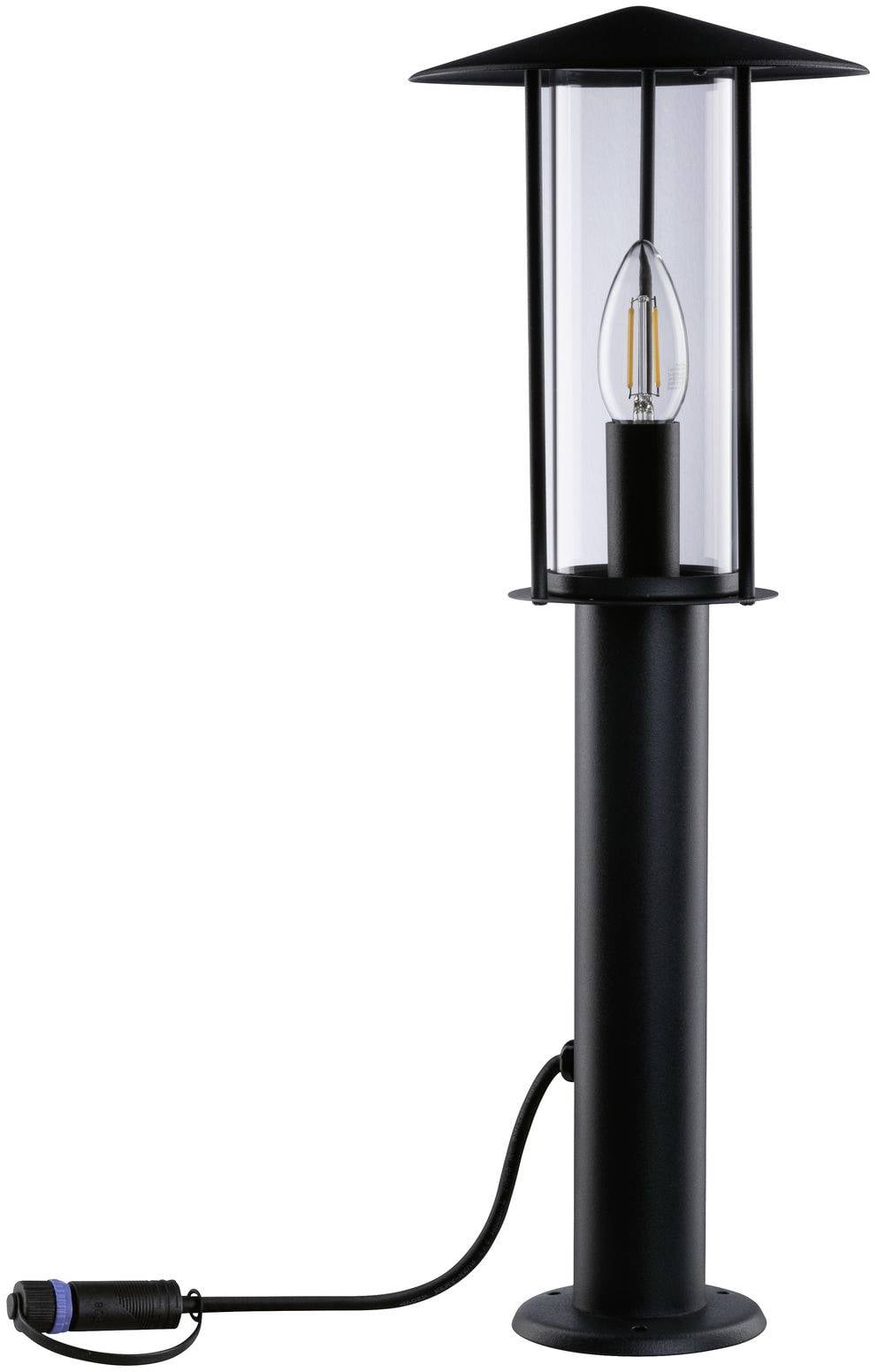 Lampadaire noir avec verre transparent, ampoule visible et câble avec fiche bleue, adapté à l'éclairage extérieur.