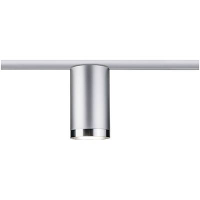 Luminaire de plafond cylindrique argenté au design épuré. Suspendu à un support allongé. Idéal pour les intérieurs modernes.