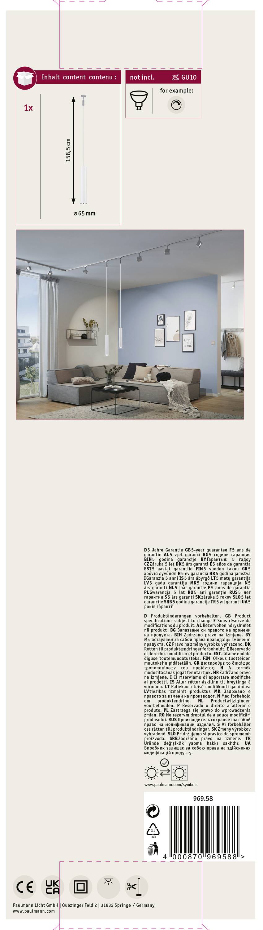 Emballage d'une lampe. En haut dimensions 150 cm. Photo : Salon avec canapé moderne et mur bleu. En bas symboles et texte dans différentes langues.