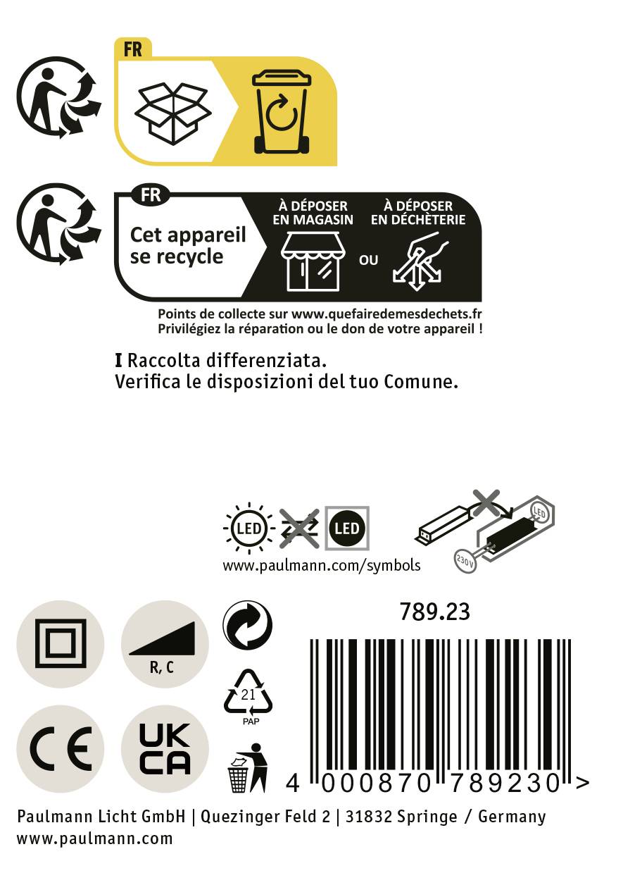 FR: Cet appareil se recycle. Déposez en magasin ou centre de recyclage. I: Raccolta differenziata. Verifica le disposizioni del tuo Comune.
