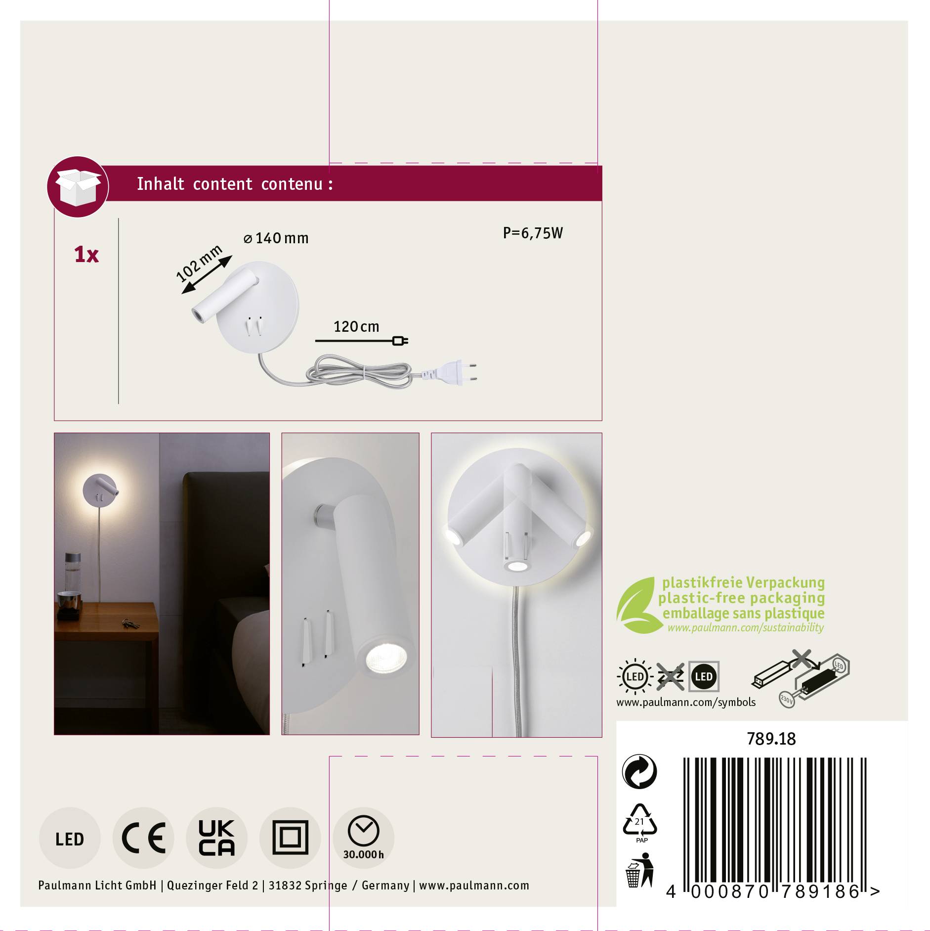 Emballage pour une lampe murale blanche, comprenant le câble et la fiche. Dimensions : 120x120 mm. Emballage en plastique recyclable.