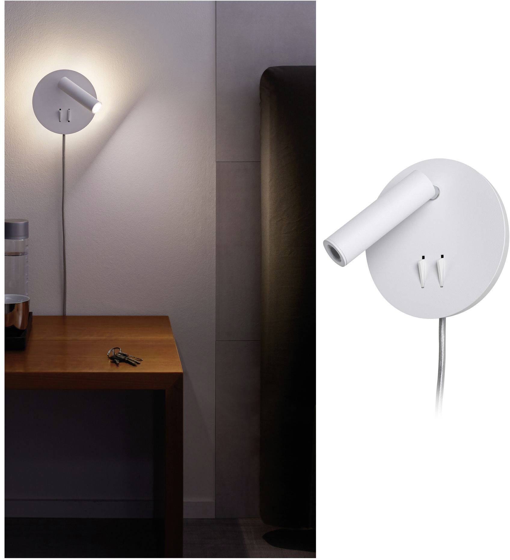 Un applique murale minimaliste blanche éclaire une table en bois dans une pièce moderne. À droite, on voit la lampe de près.
