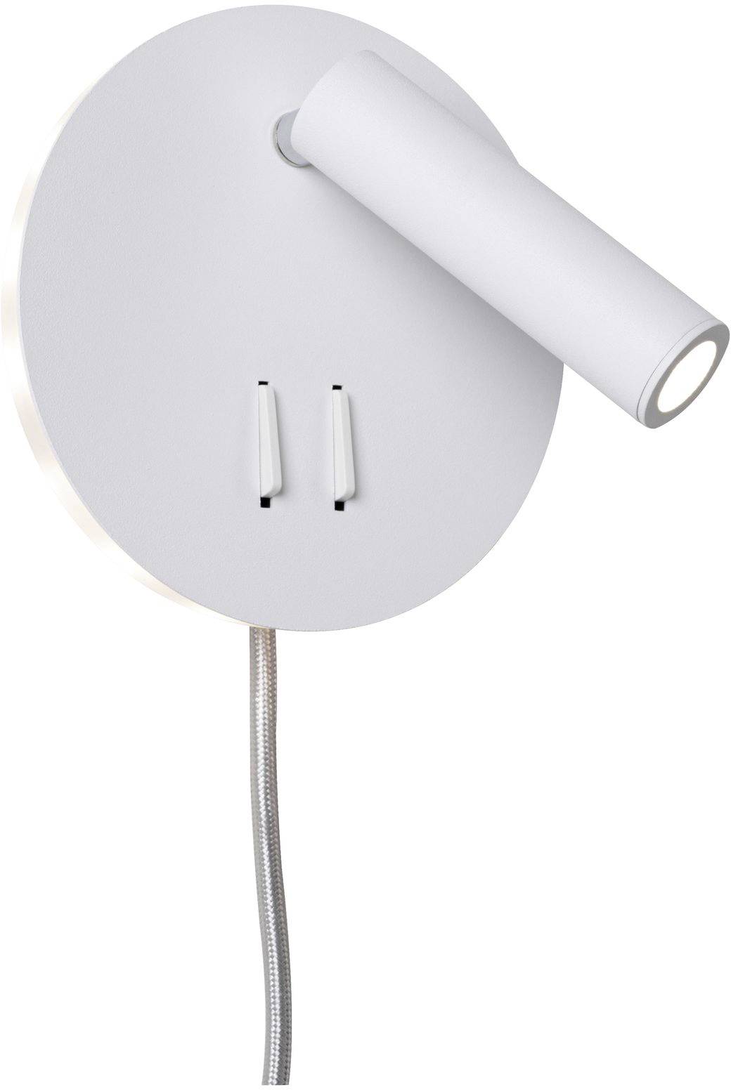 Applique murale blanche, ronde, avec un projecteur cylindrique orientable. Deux interrupteurs sont situés sous le projecteur. Câble électrique inclus.
