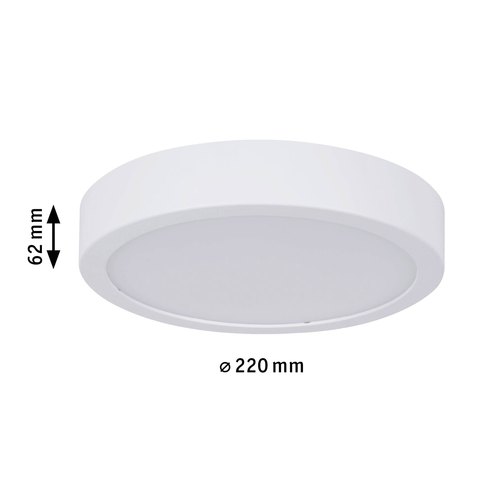 Plafonnier rond blanc d'un diamètre de 220 mm et d'une hauteur de 62 mm.