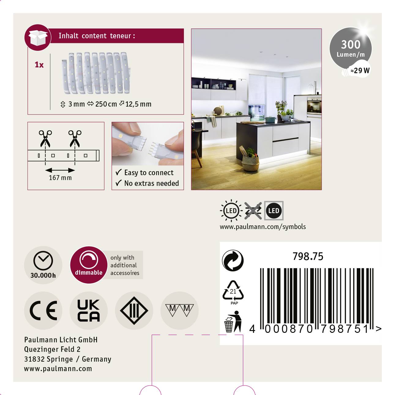 'Emballage d'une bande LED : Contenu 1x bande LED, 300 lumens, découpable, dimensions : 167 mm, variable, connexion facile, image d'une cuisine moderne.'