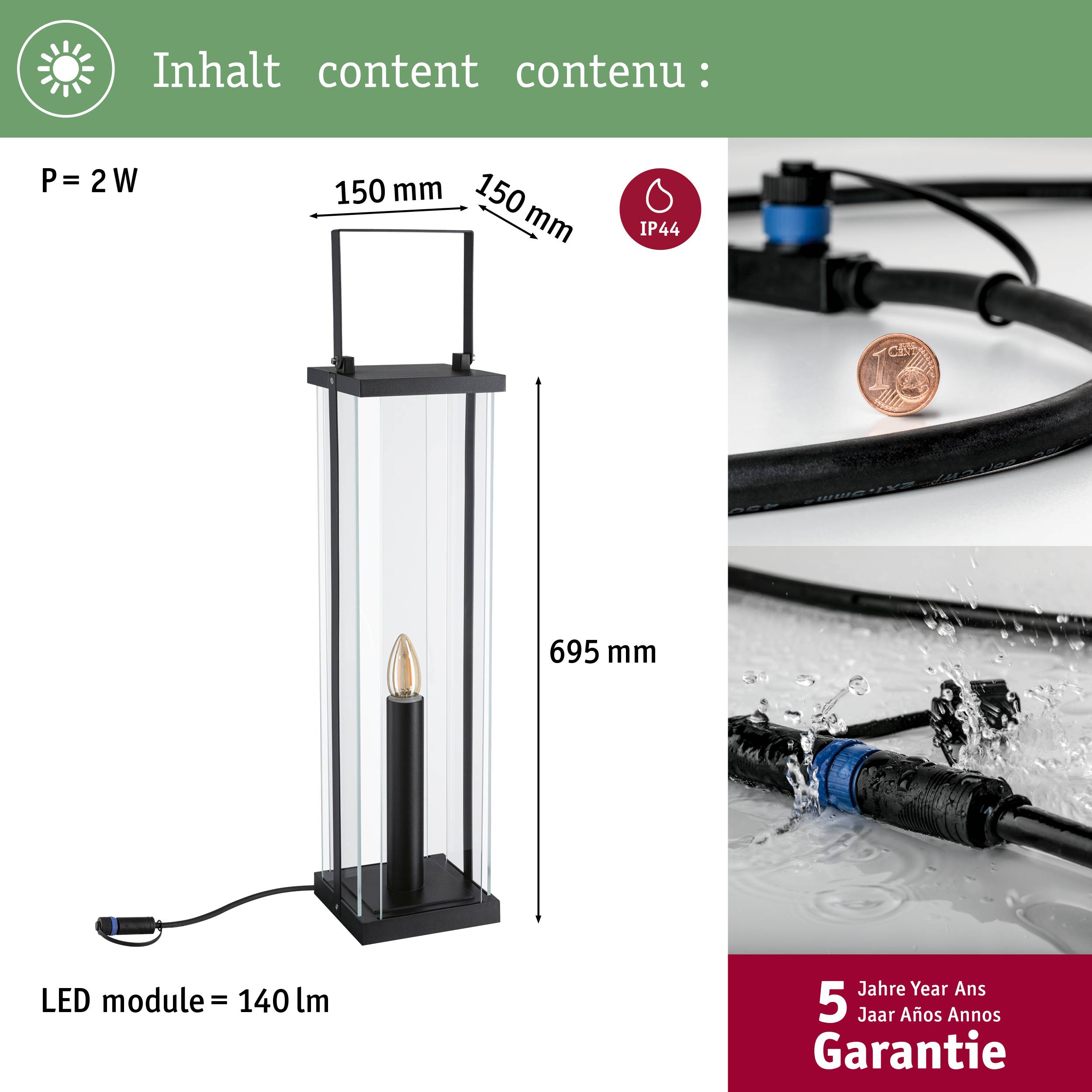 'Lanterne LED en verre, 150x150x695 mm, Puissance 2 W, 140 lm, IP44, Garantie 5 ans.' Sur le côté droit, une image d'une lanterne près d'un point d'eau et un gros plan d'une pièce de monnaie et d'un raccord.