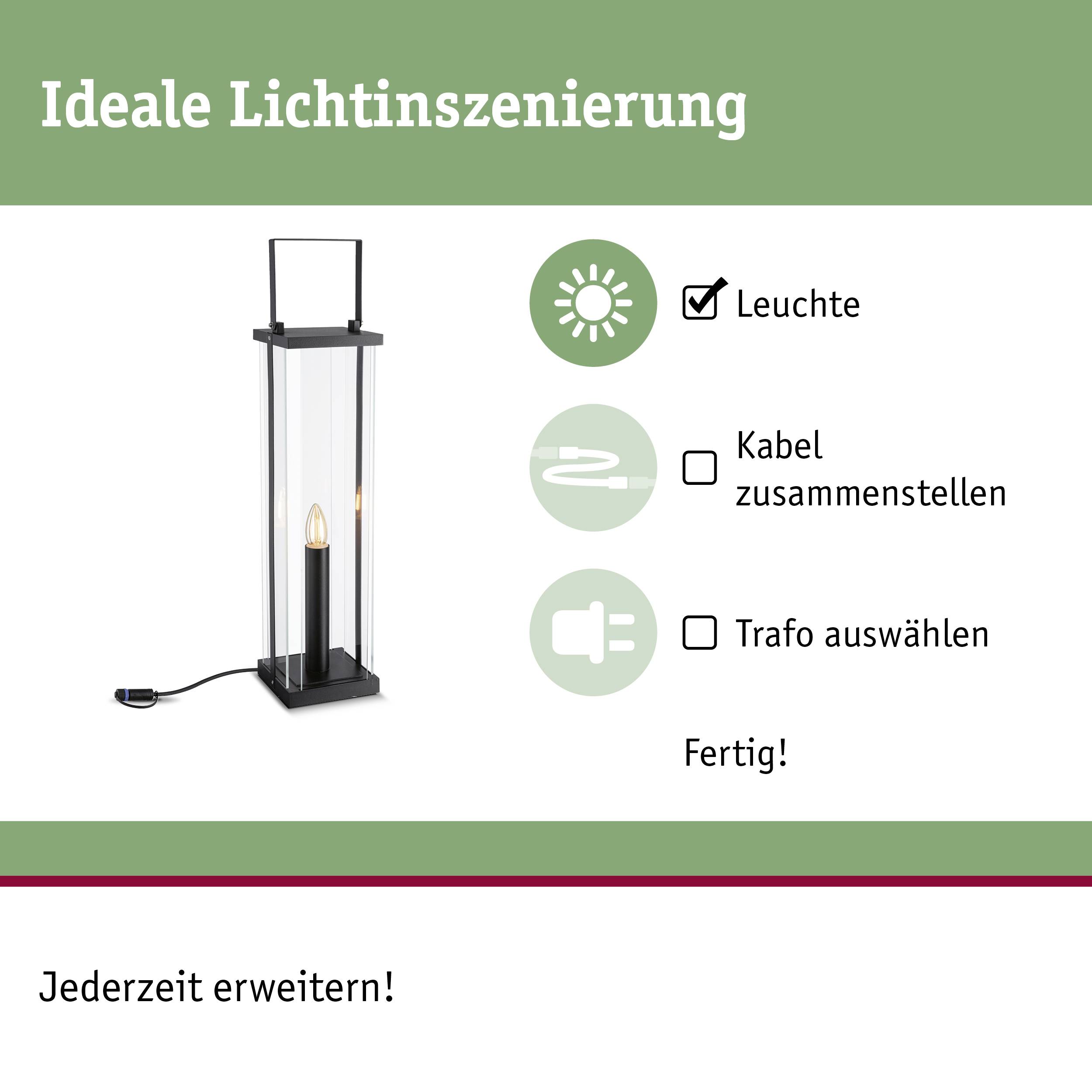 'Scène lumineuse Ineale' L'image montre un lampadaire avec des pictogrammes pour luminaire, assembler le câble, sélectionner le transformateur. Texte : 'Terminé !' et 'Extensible à tout moment !'