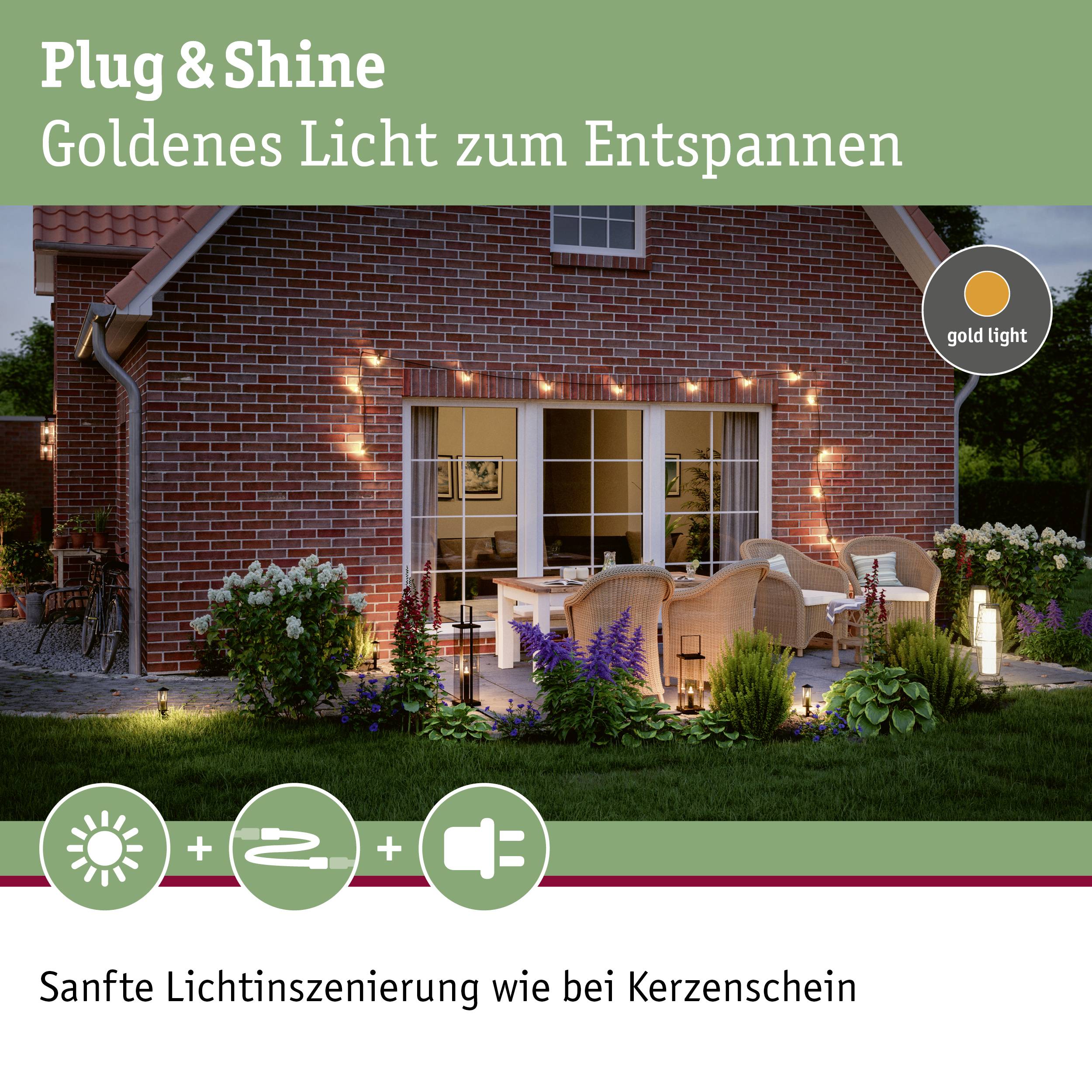 Plug & Shine, lumière dorée pour se détendre. Maison de briques avec mobilier de jardin et douce lueur de bougies dans l'espace extérieur.
