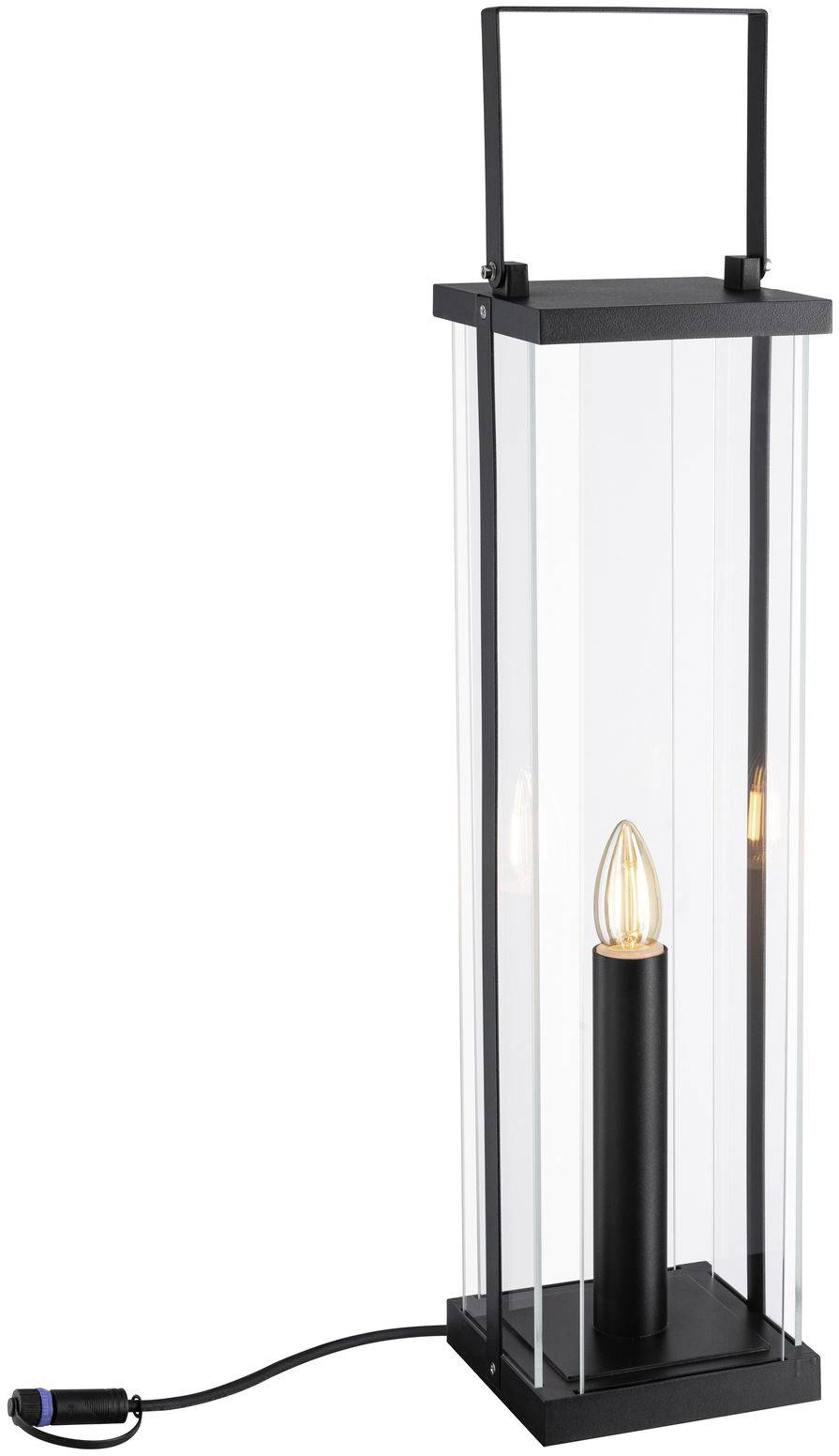 Une lampe de lampadaire haute et moderne avec un cadre en métal et des panneaux de verre qui entoure une unique ampoule cylindrique.