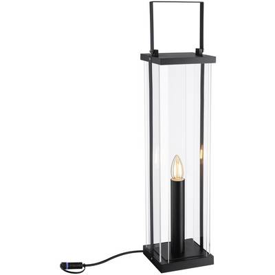 Une lampe de lampadaire haute et moderne avec un cadre en métal et des panneaux de verre qui entoure une unique ampoule cylindrique.