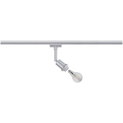 Une lampe de plafond moderne, argentée, avec un spot réglable et une ampoule visible, suspendue à une rail.