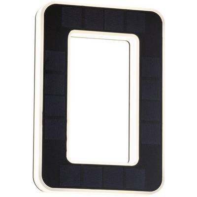 Applique murale solaire carrée au centre ouvert. Surface noire avec des panneaux solaires intégrés et des lumières LED blanches sur les bords.