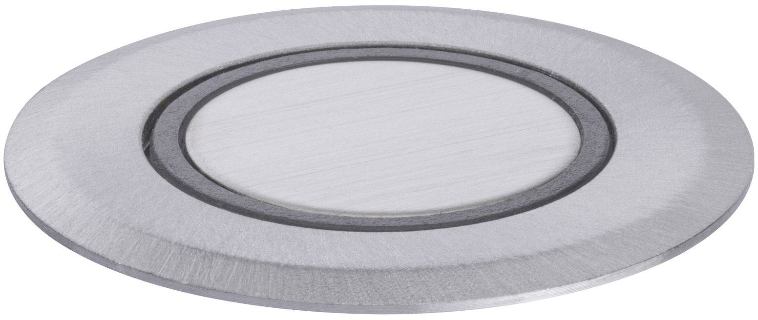 Un plateau rond et plat en métal avec un insert circulaire plus petit au centre. Le plateau présente une surface lisse et brillante.