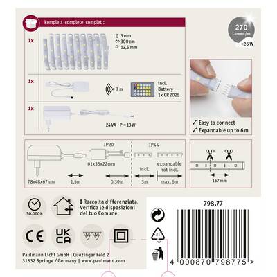 'Paulmann Ensemble LED avec batterie, 3 barres, extensible jusqu'à 6 m, 270 lumens, 26W, batterie CR2025. Facile à connecter avec fiche.'