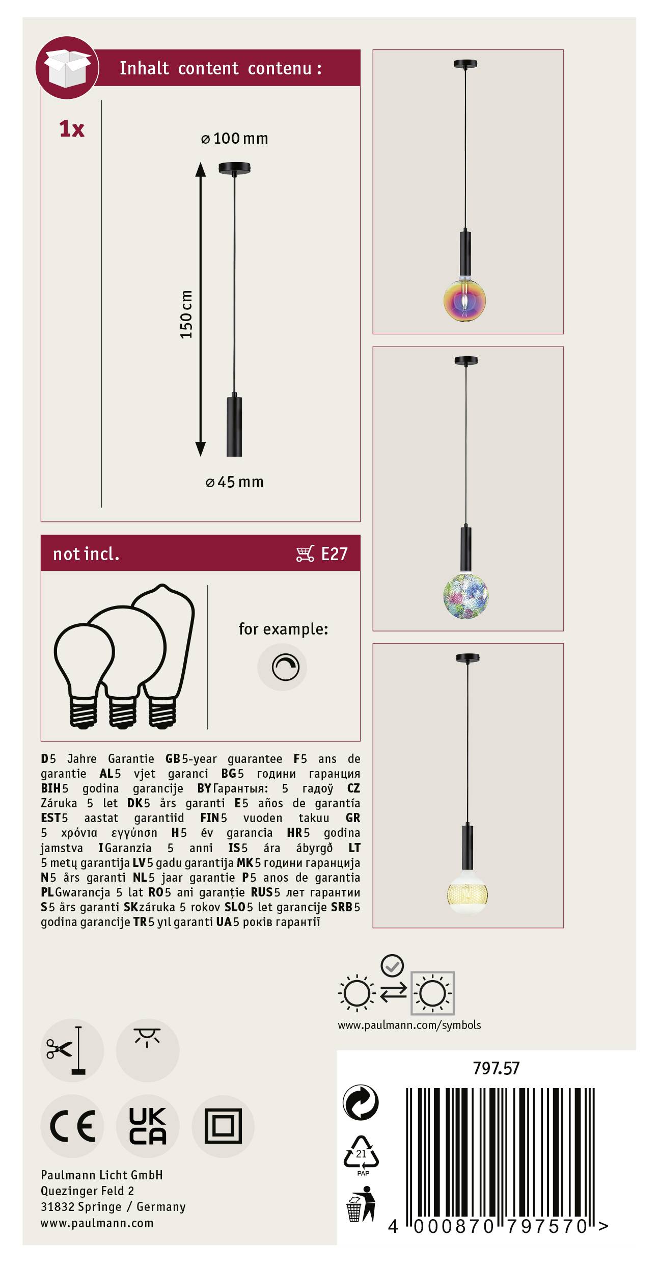 Dos de l'emballage d'une suspension. Présente trois variantes : suspension noire, rouge et multicolore. Dimensions : 1000 mm x 45 mm. Douille E27, ampoule non fournie.