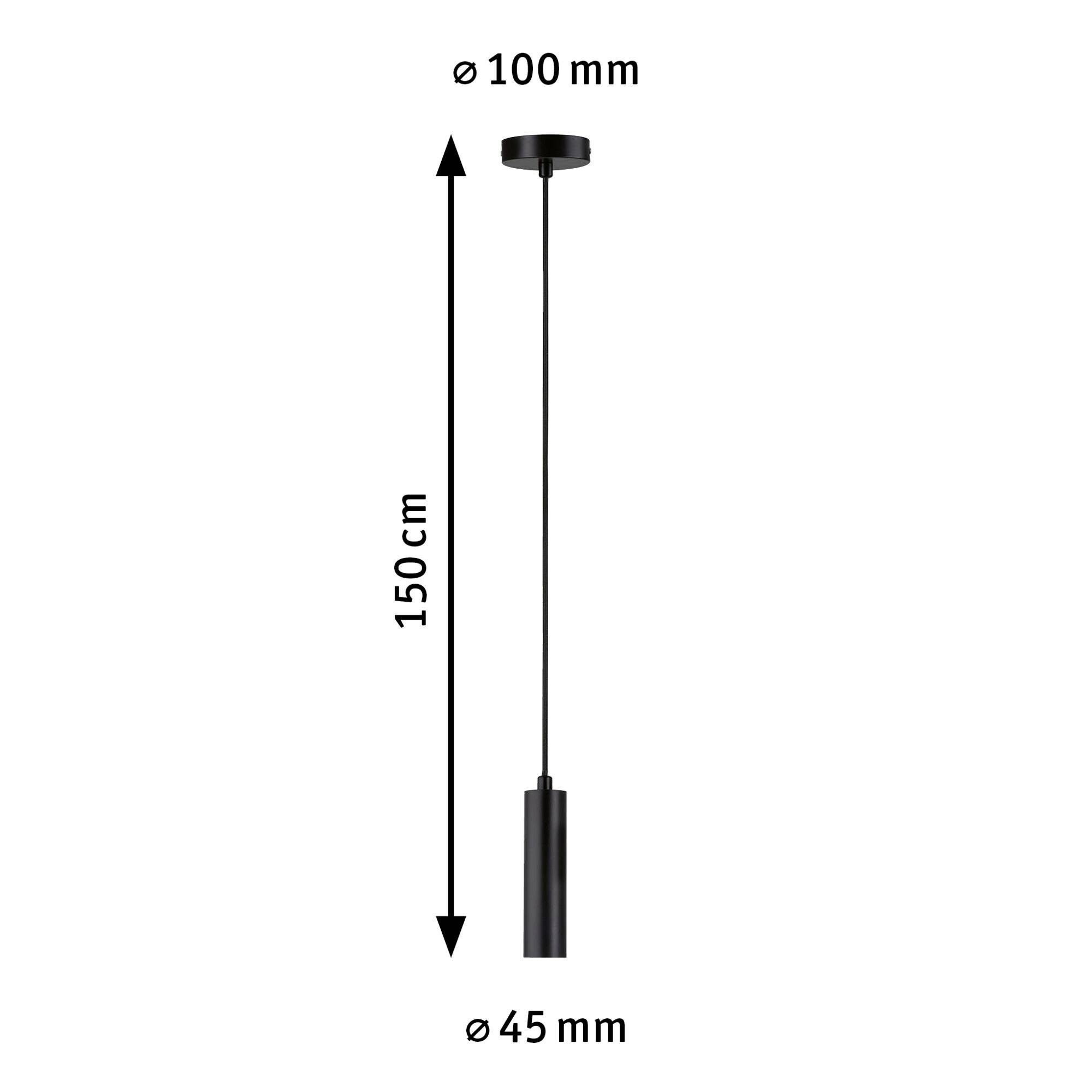 Suspension luminaire au design cylindrique noir, hauteur totale de 150 cm, plaque de plafond de 100 mm de diamètre, abat-jour de 45 mm de diamètre.