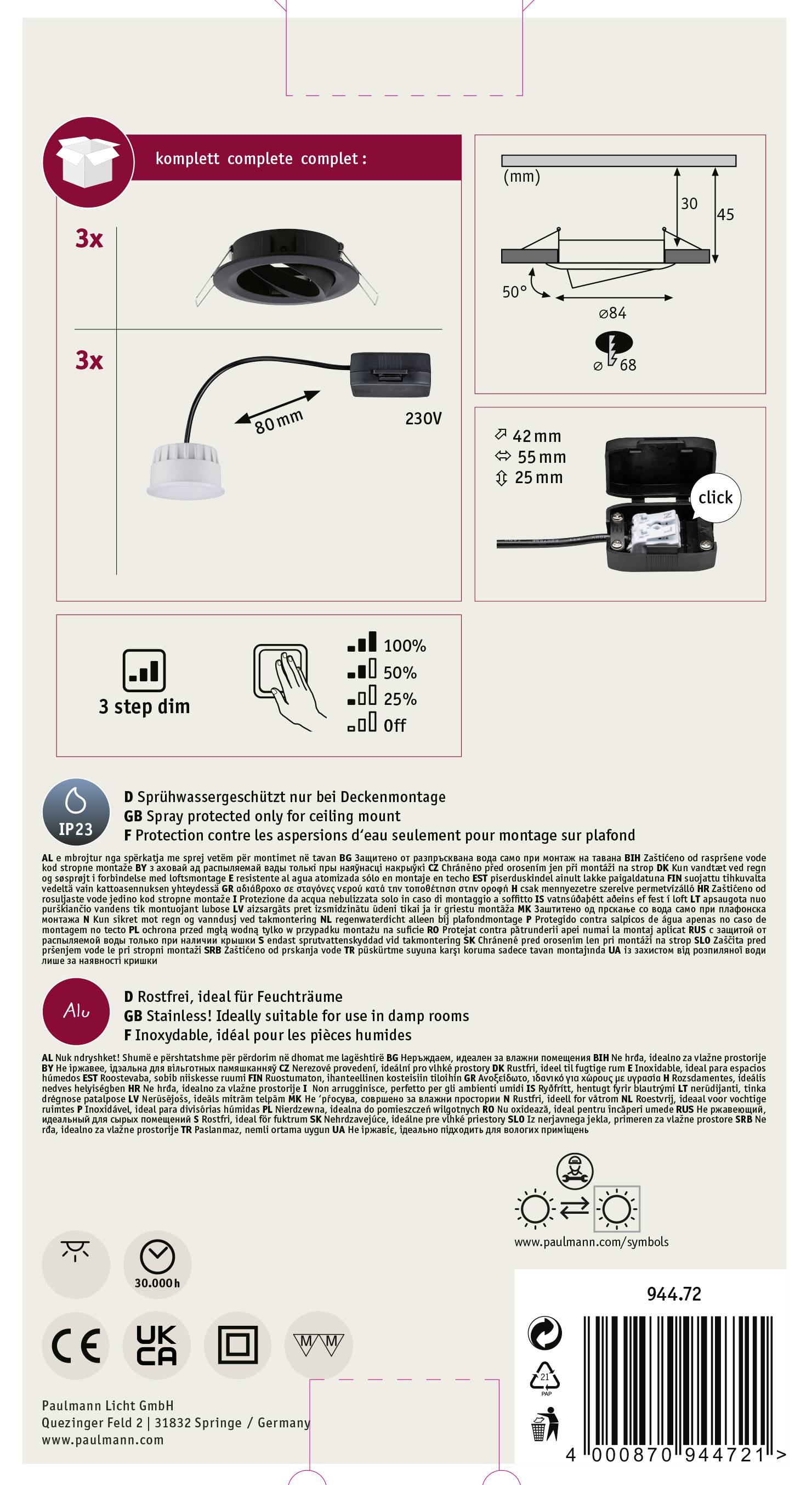 Kit de montage au plafond avec 3 passages de câbles, adapté aux locaux humides. Comprend les étapes de montage, dessins techniques, protection IP23.
