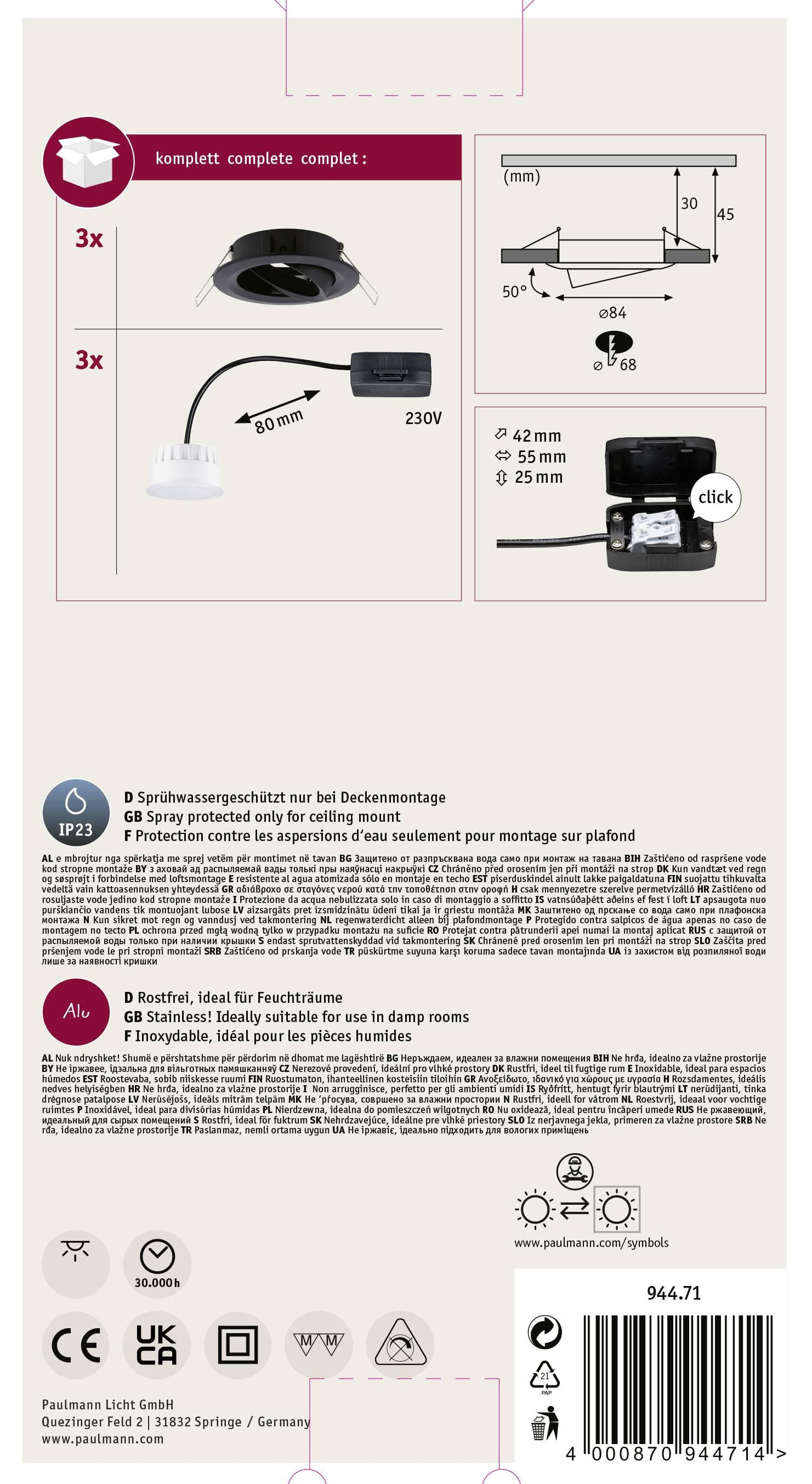 Dos de l'emballage avec instructions de montage pour une lampe de plafond, montrant une image de câbles, des indications de tension et la classe de protection IP23.