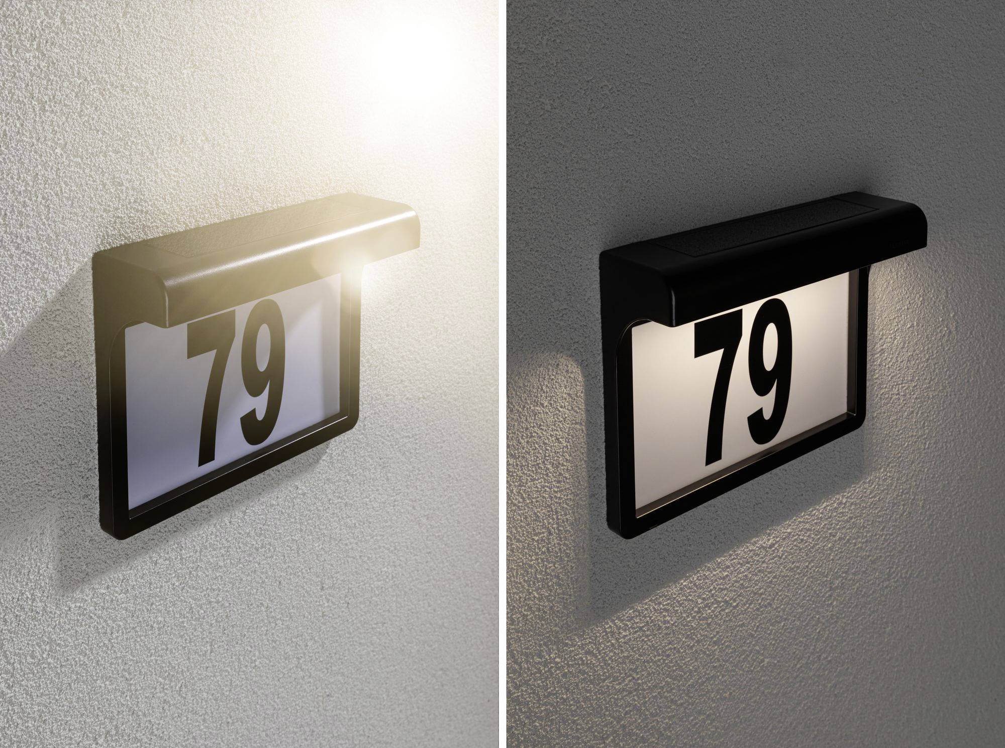 Numéro de maison éclairé 79 en deux vues : à gauche en plein jour, à droite de nuit ; réflexion solaire à gauche, vue de droite avec ombrage.