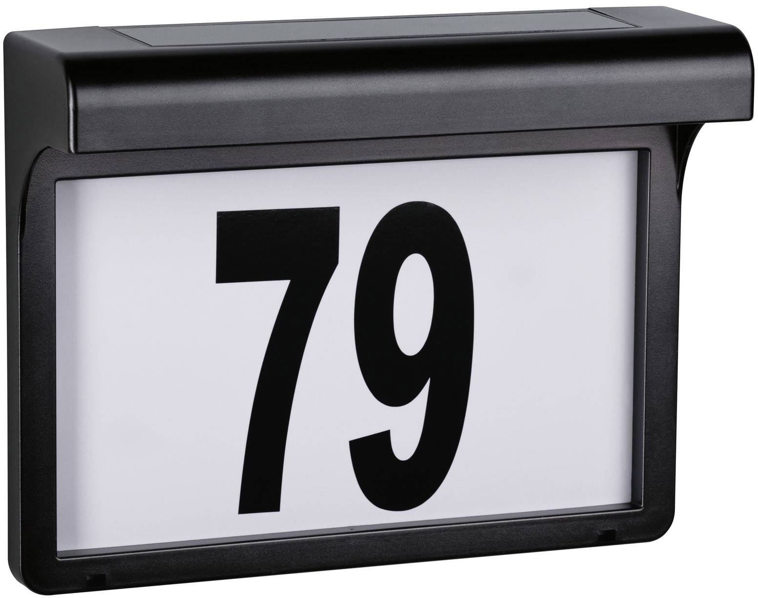 Boîtier noir avec plaque blanche, portant le numéro '79' en grands chiffres noirs. Panneau d'adresse simple.