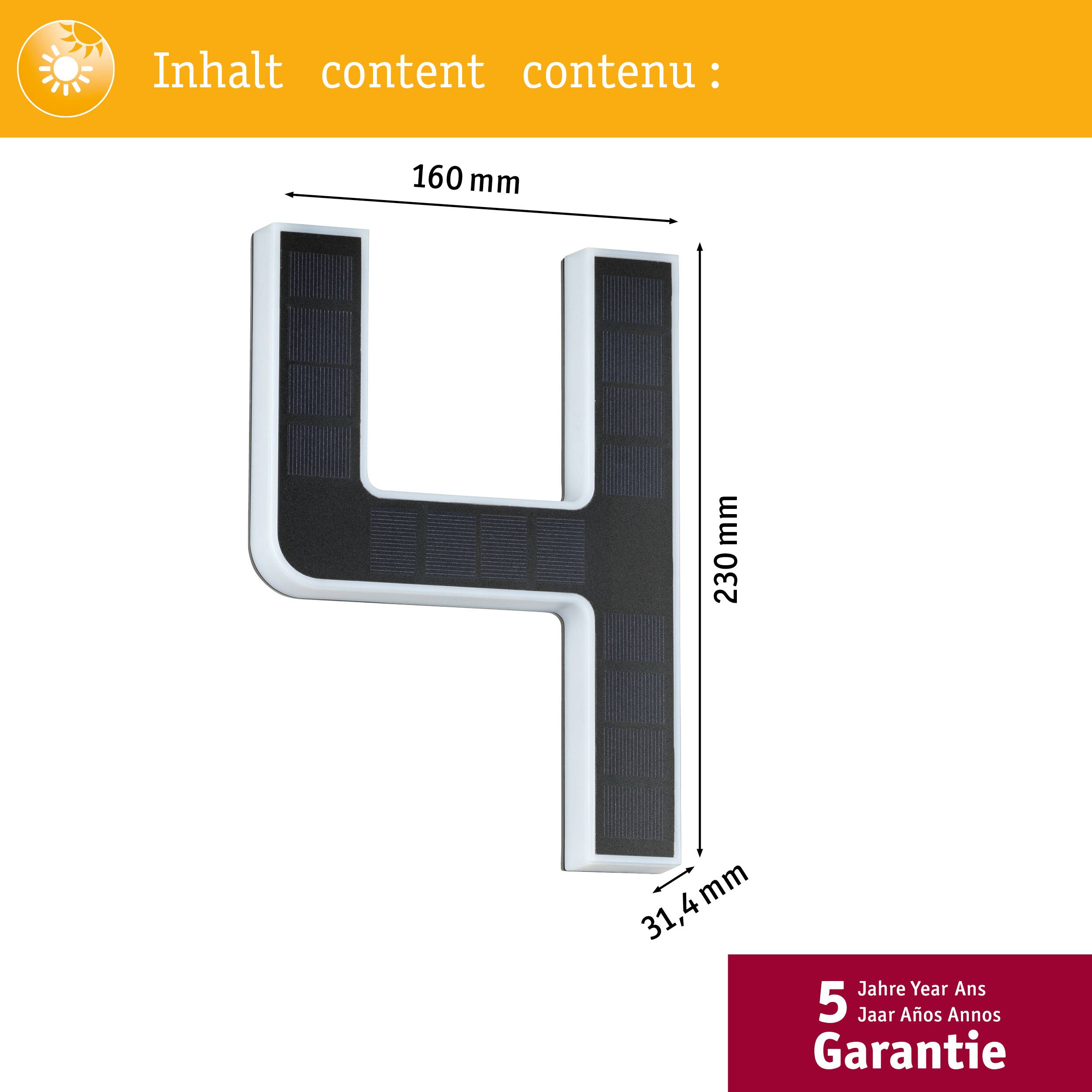 Chiffre '4' blanc avec des détails noirs, dimensions indiquées et mention de garantie de 5 ans.