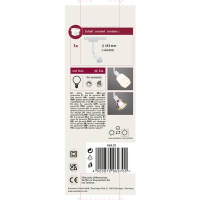 Étiquette pour une lampe : indique les dimensions, culot requis E14, non fourni, et des exemples de produits. Contient un code-barres et les informations du fabricant.