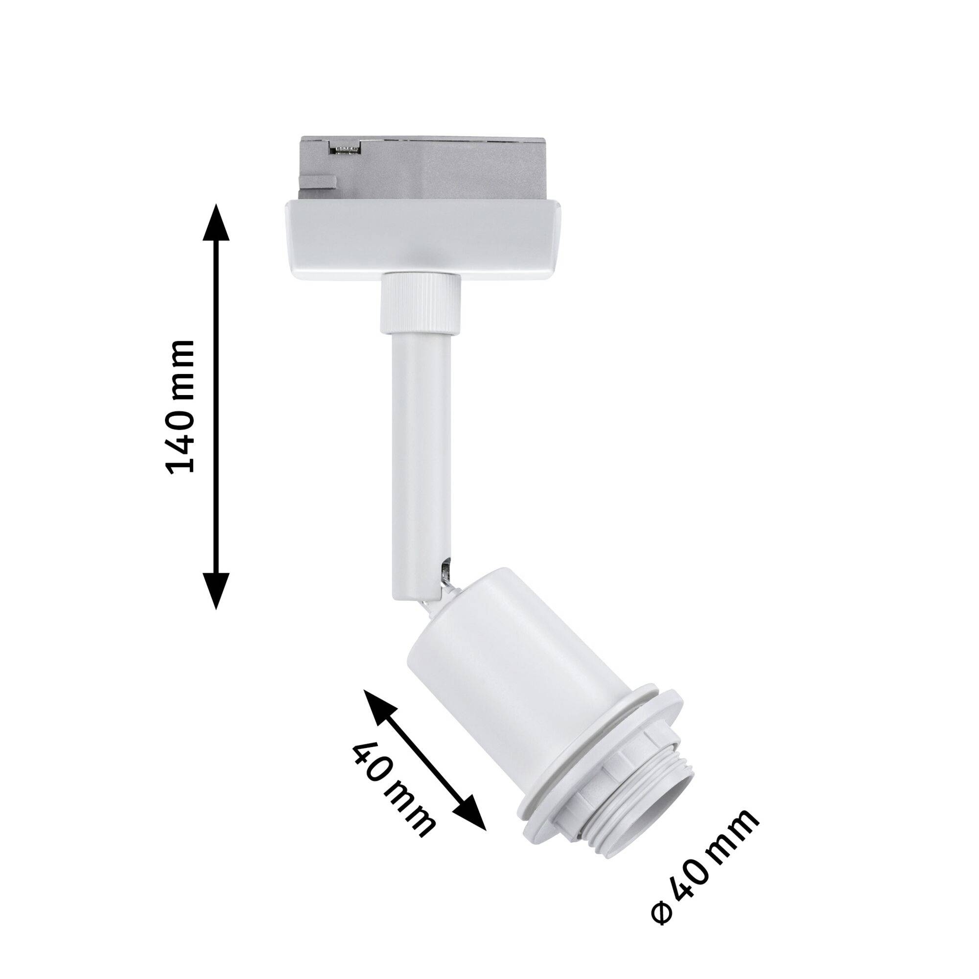 Un projecteur lumineux cylindrique blanc avec un articulation réglable. Dimensions : longueur 140 mm, largeur 40 mm, diamètre 40 mm.