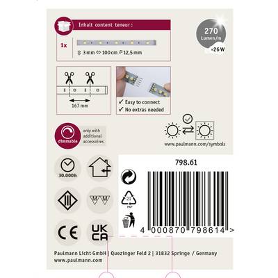 L'emballage présente une barre lumineuse LED, 270 lumens/m, variateur d'intensité, connexion simple, aucun accessoire supplémentaire requis, durée de vie de 30 000 heures.