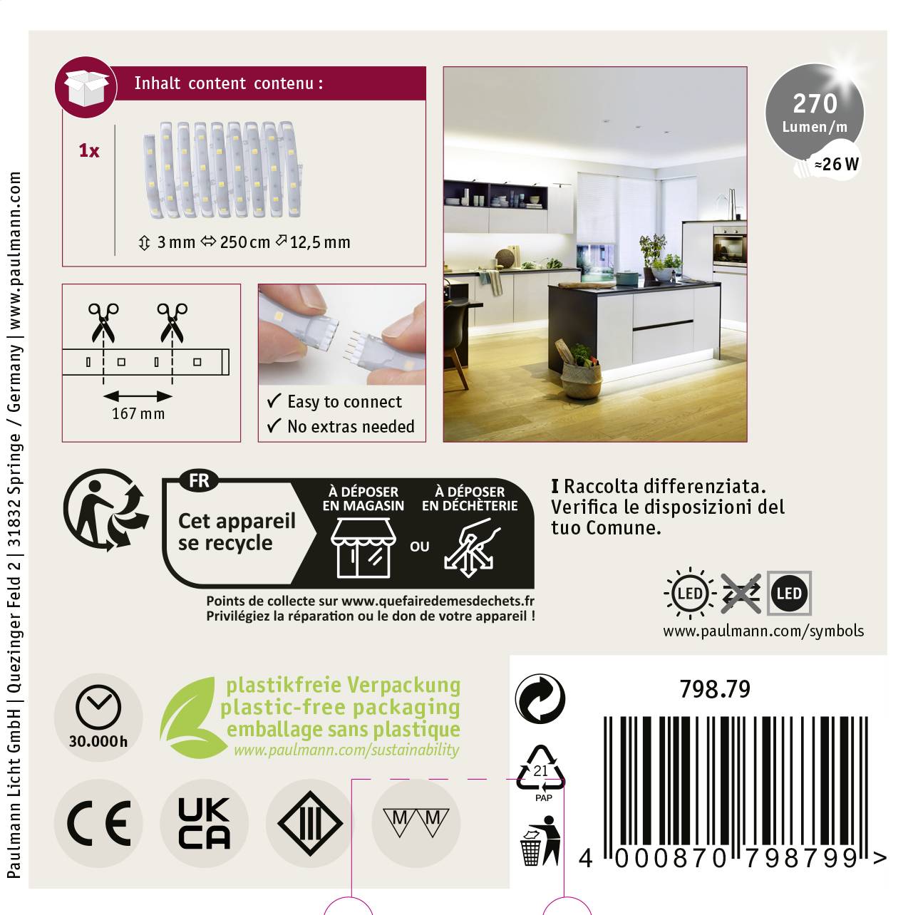 'Emballage d'un luminaire LED : Contient 10 lampes LED, 250 cm de long, diamètre de 12,5 mm. Convient pour les espaces intérieurs, 270 lumens, 2,6 W.'
